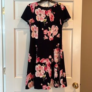 Navy dress with beautiful pink flowers.